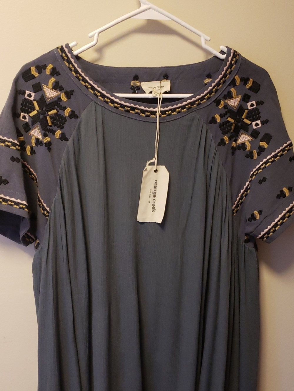 NWT Oversized Orange Creek Slate Blue Flowy Embroidered Dress.